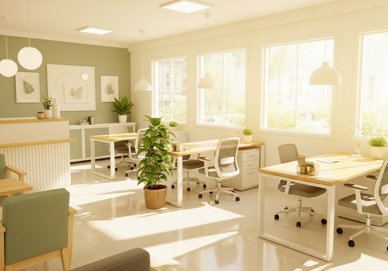 Bright, freshly cleaned office space with tidy desks and natural light