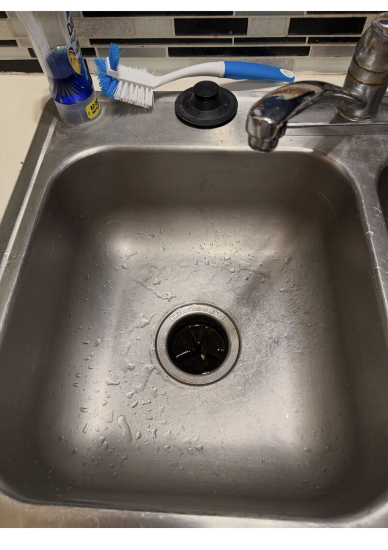 Kitchen sink before cleaning — water spots and grime